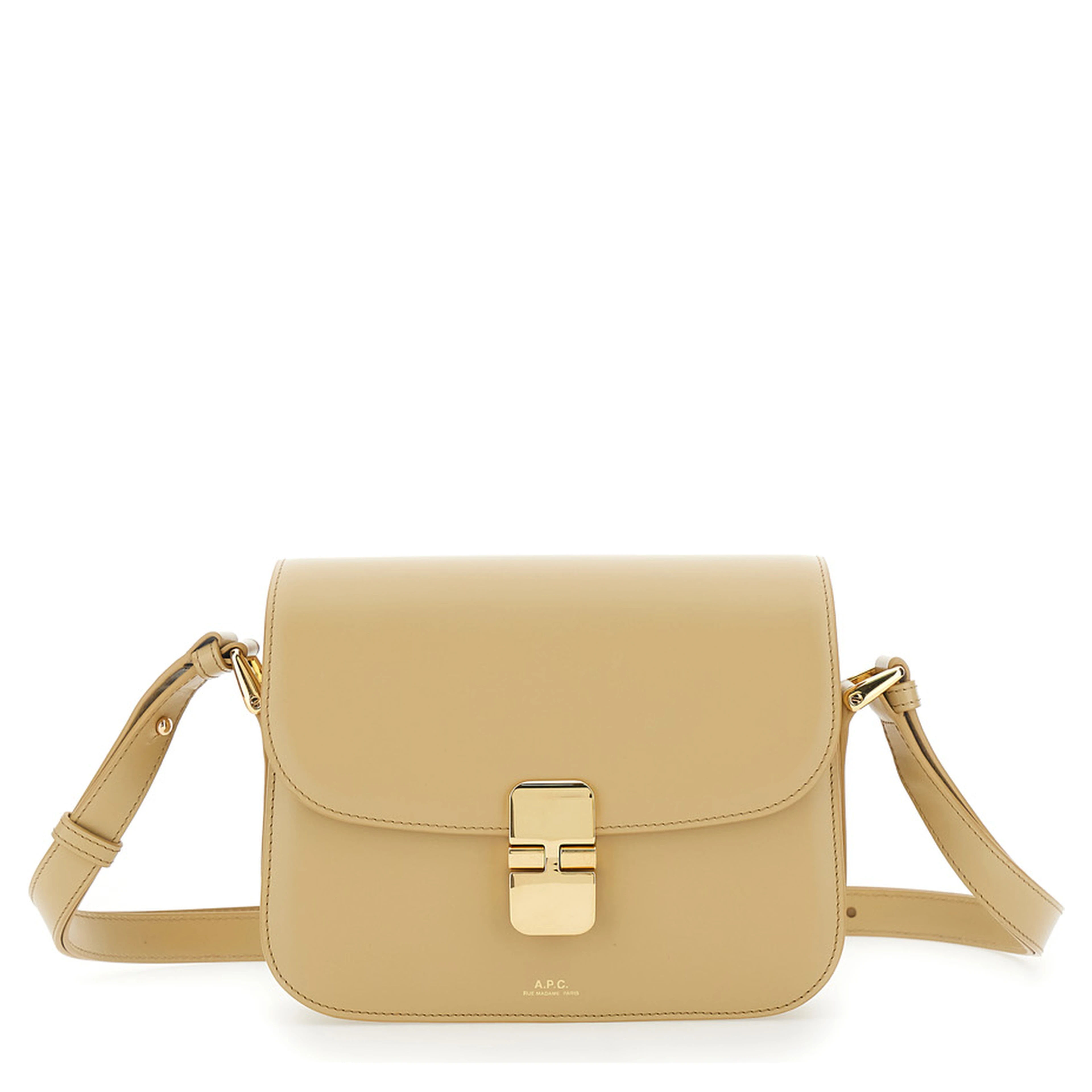 Grace Small Beige Crossbody bag with Adjustable Strap and Logo Plate on the Front in Leather Woman