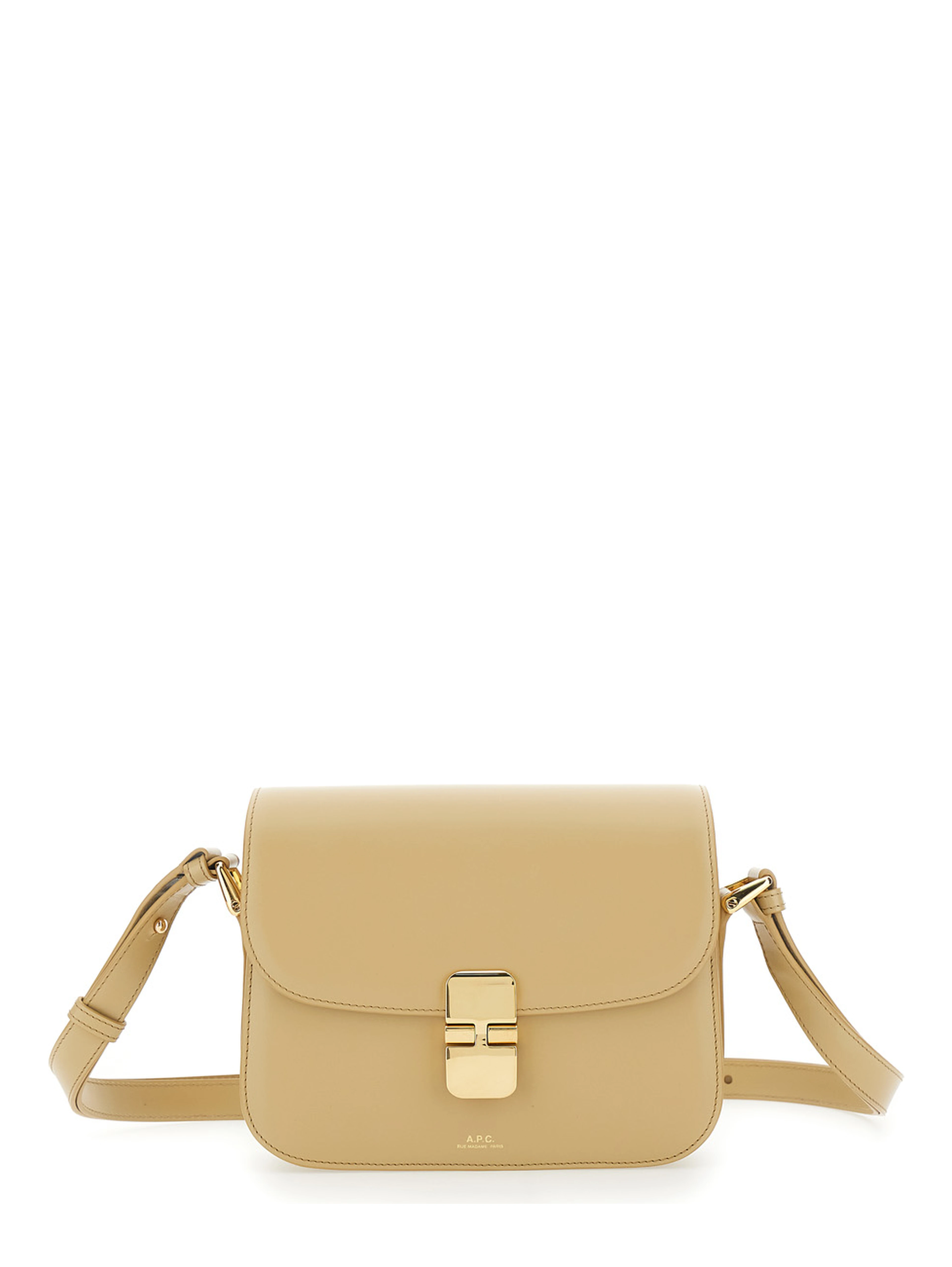 Grace Small Beige Crossbody bag with Adjustable Strap and Logo Plate on the Front in Leather Woman