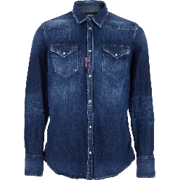 Blue Shirt with classic collar and two front pockets in denim for men