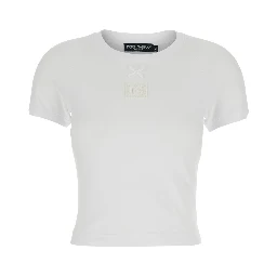 White Cotton Crew Neck T-Shirt with Bow and Logo on Front for Women