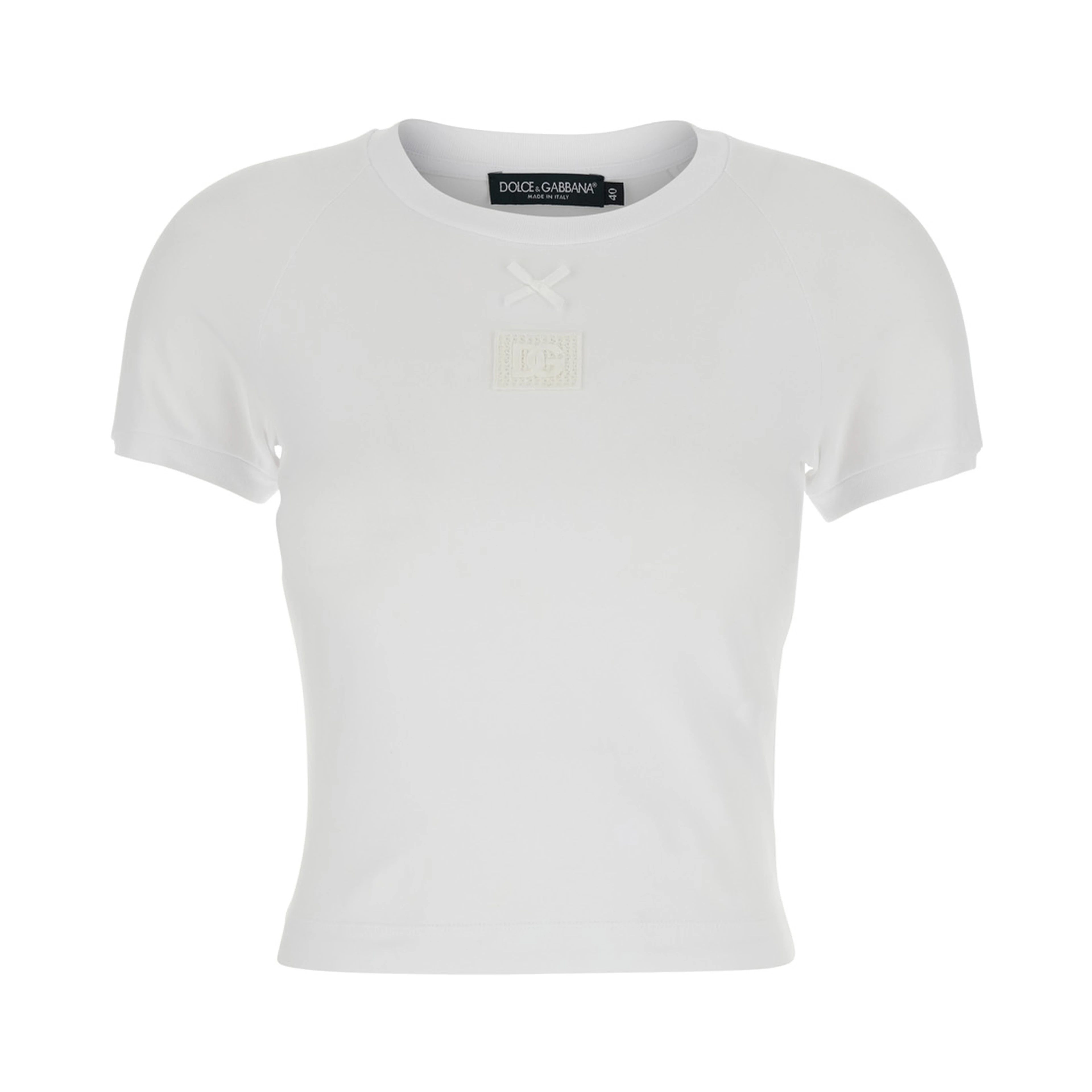 White Cotton Crew Neck T-Shirt with Bow and Logo on Front for Women