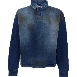 Blue Sweatshirt with Polo-Shirt Style Collar and Faded Effect in Cotton for Men