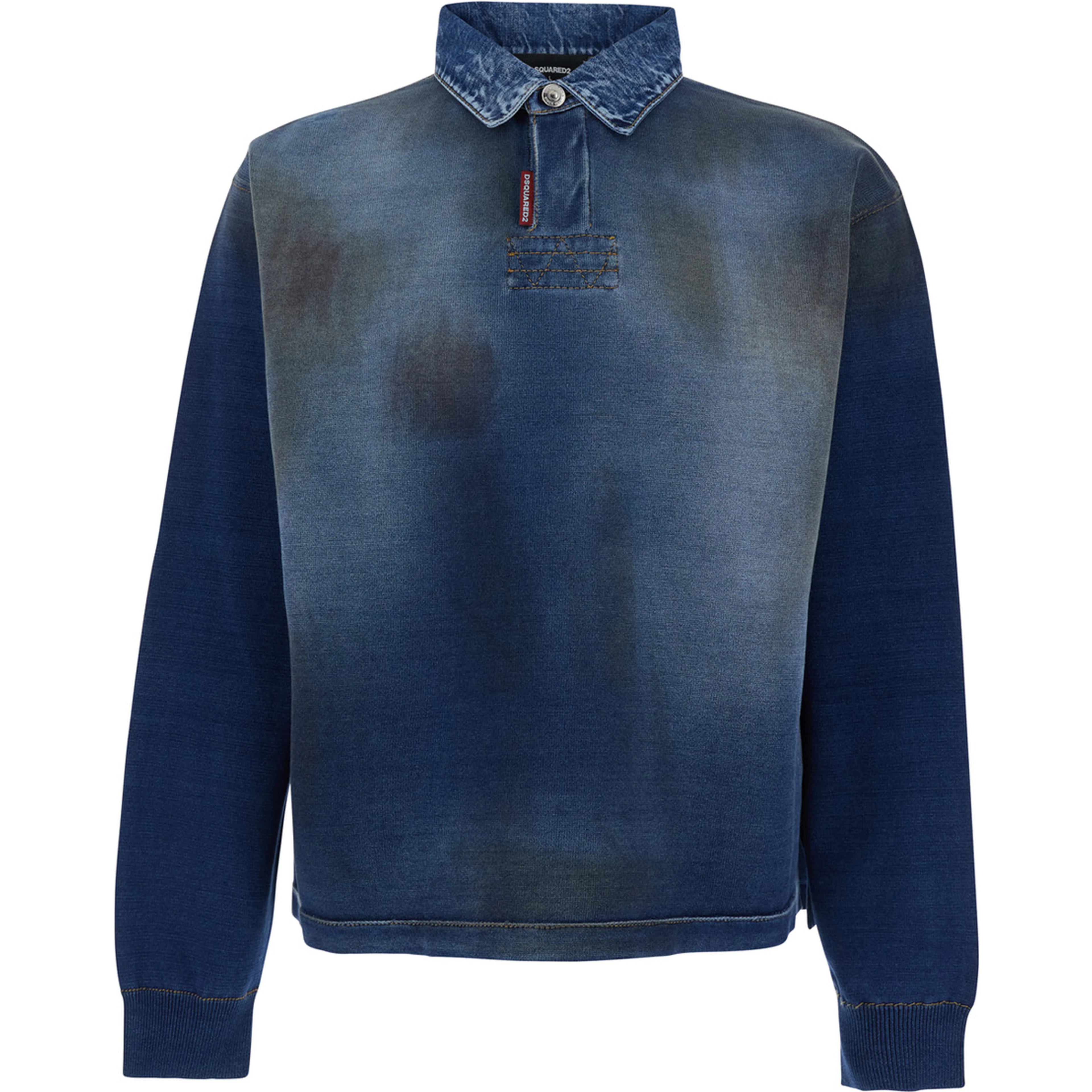 Blue Sweatshirt with Polo-Shirt Style Collar and Faded Effect in Cotton for Men