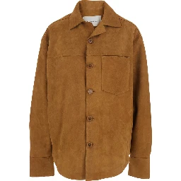 Brown Jacket with Spread Collar and Curved Hem in Suede Woman