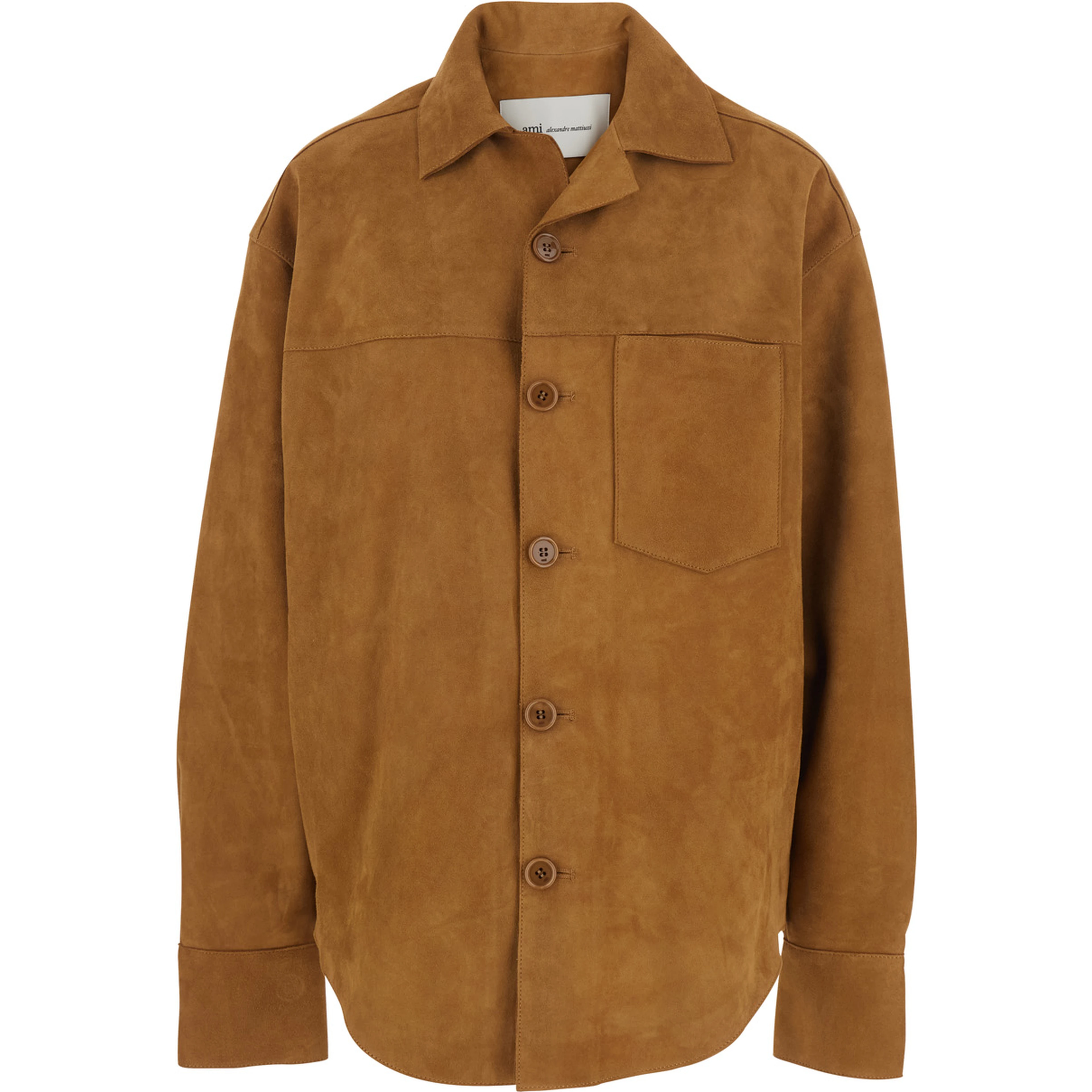 Brown Jacket with Spread Collar and Curved Hem in Suede Woman