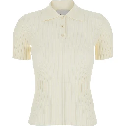 White Polo Shirt with ribbed knit in viscose blend for women