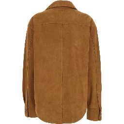 Brown Jacket with Spread Collar and Curved Hem in Suede Woman