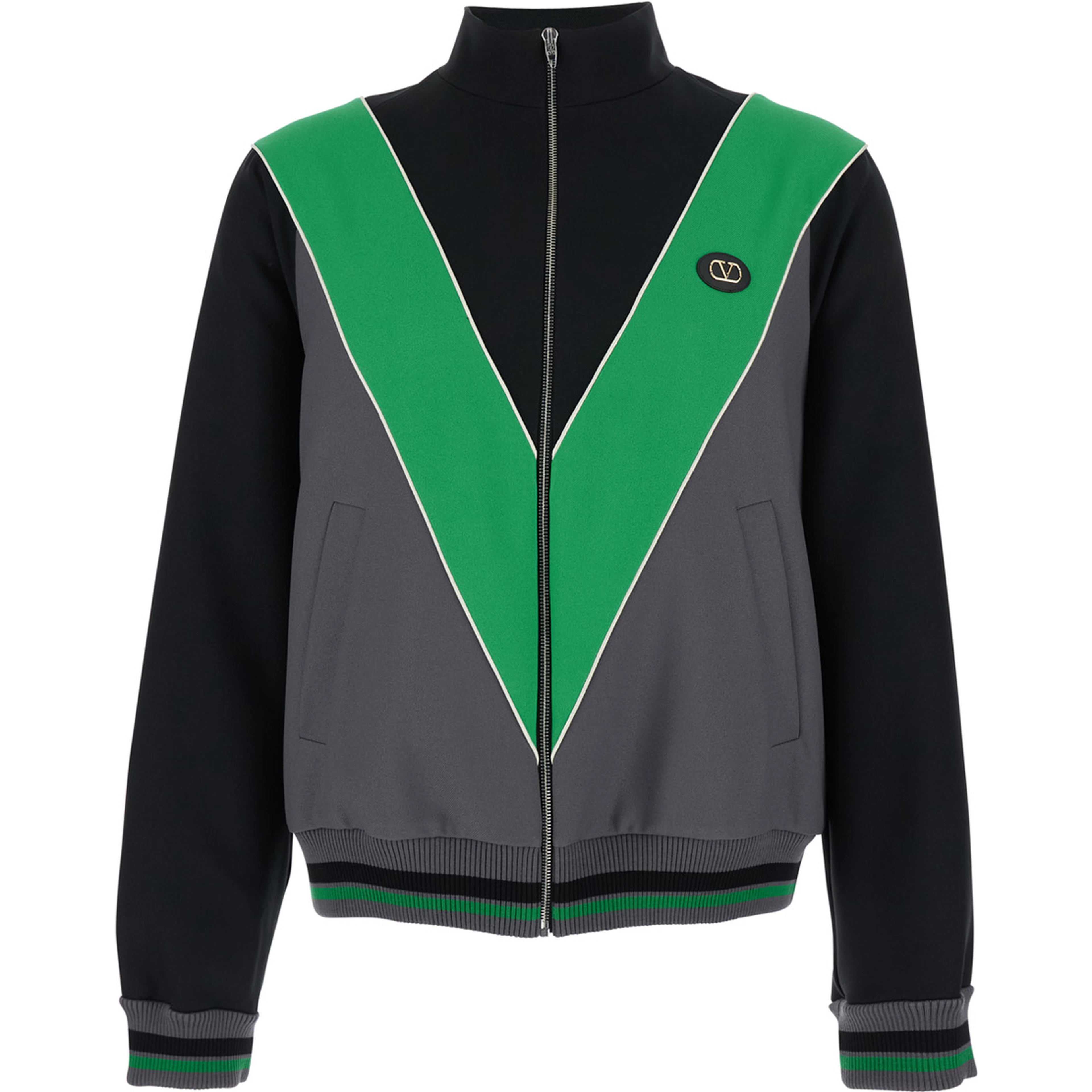 High Neck Sweatshirt with V Inlay on the Front in Tech Fabric Black and Green Men