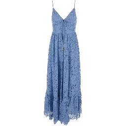 light blue Long dress with V-neck and lace design in cotton blend woman