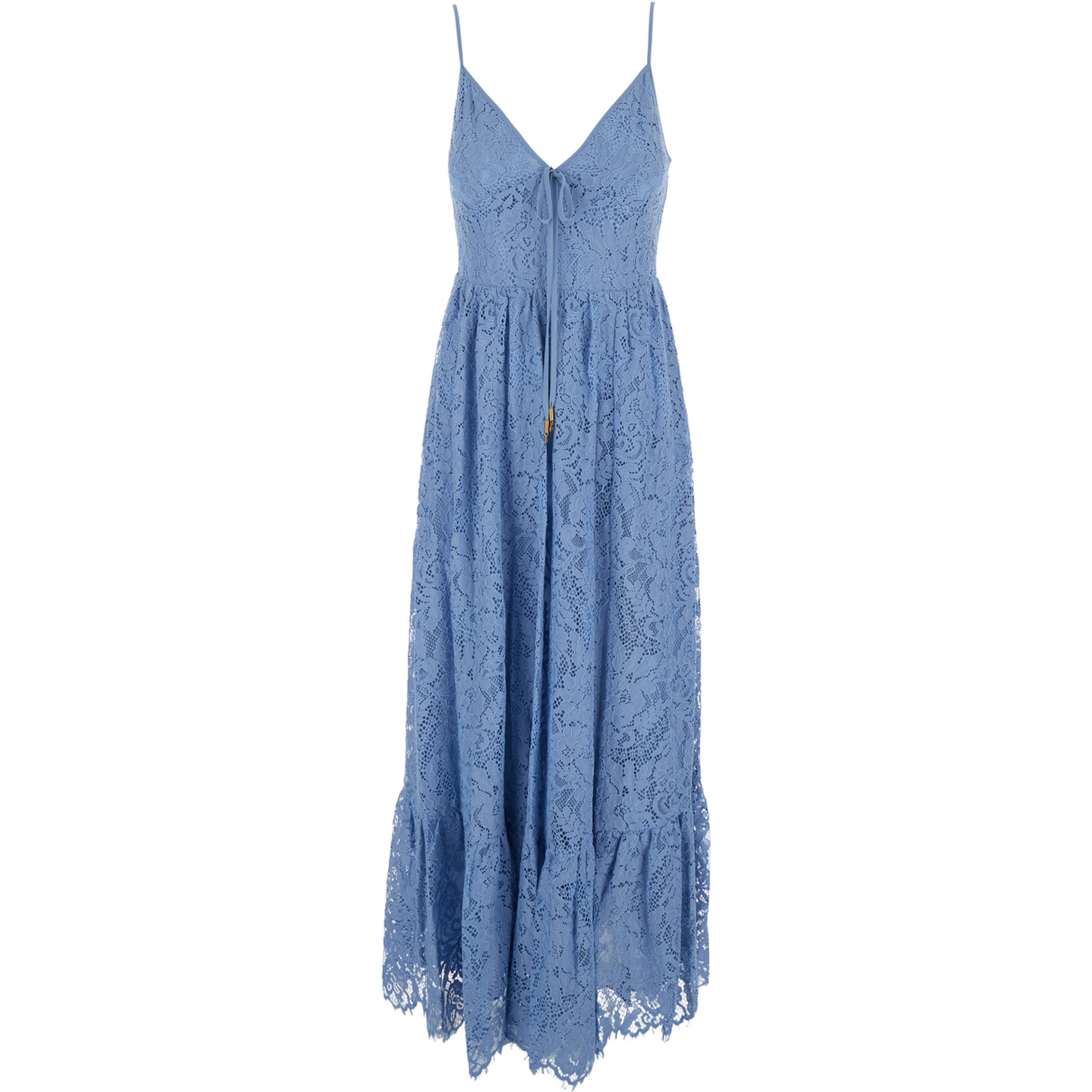 light blue Long dress with V-neck and lace design in cotton blend woman