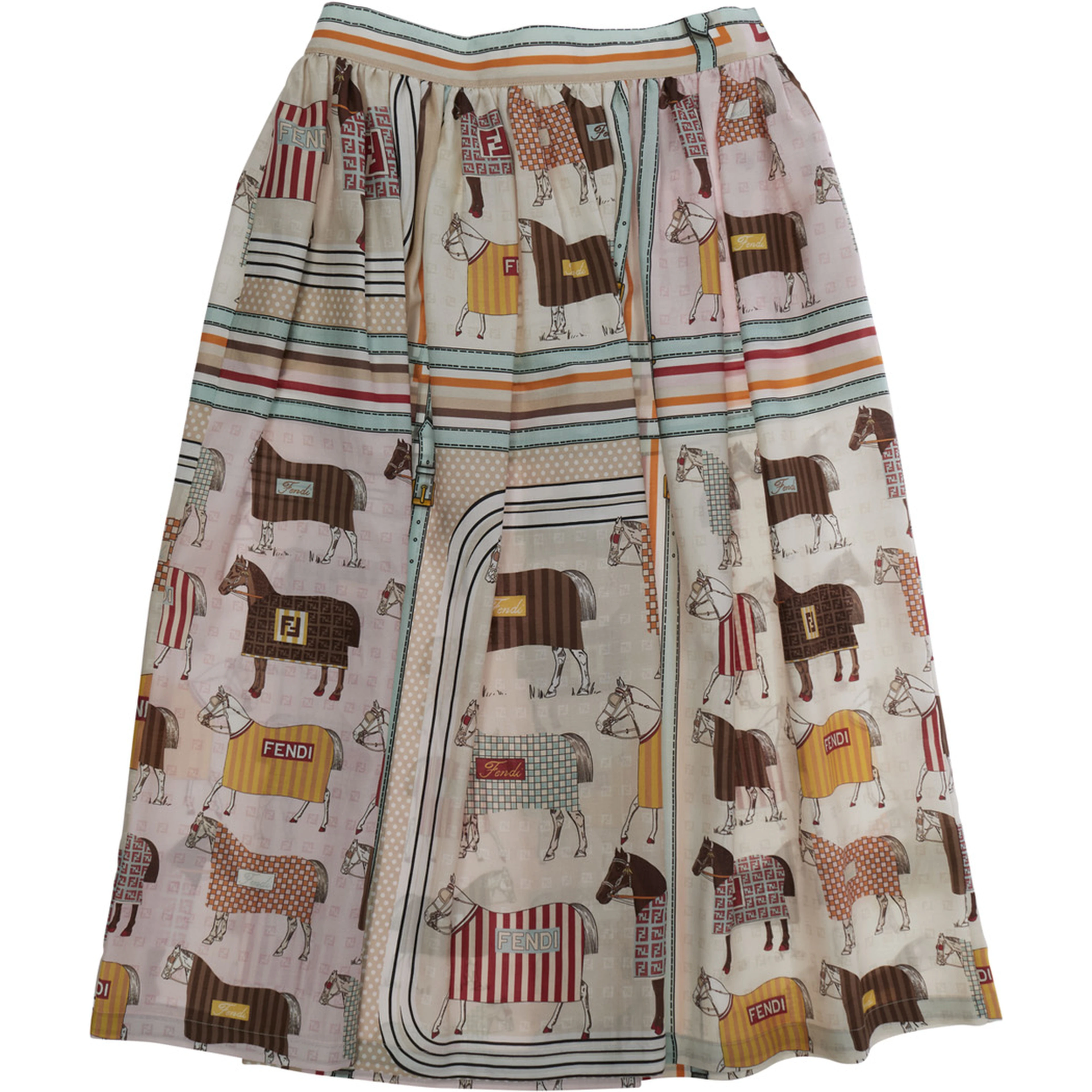 Skirt with All-Over Horse Print and Logo Lettering Details in Multicolor Cotton and Silk Blend for Girls
