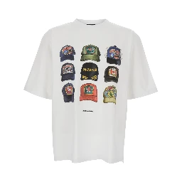 White T-shirt with Front Print and Logo Detail on the Back in Cotton for Men