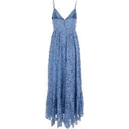 light blue Long dress with V-neck and lace design in cotton blend woman