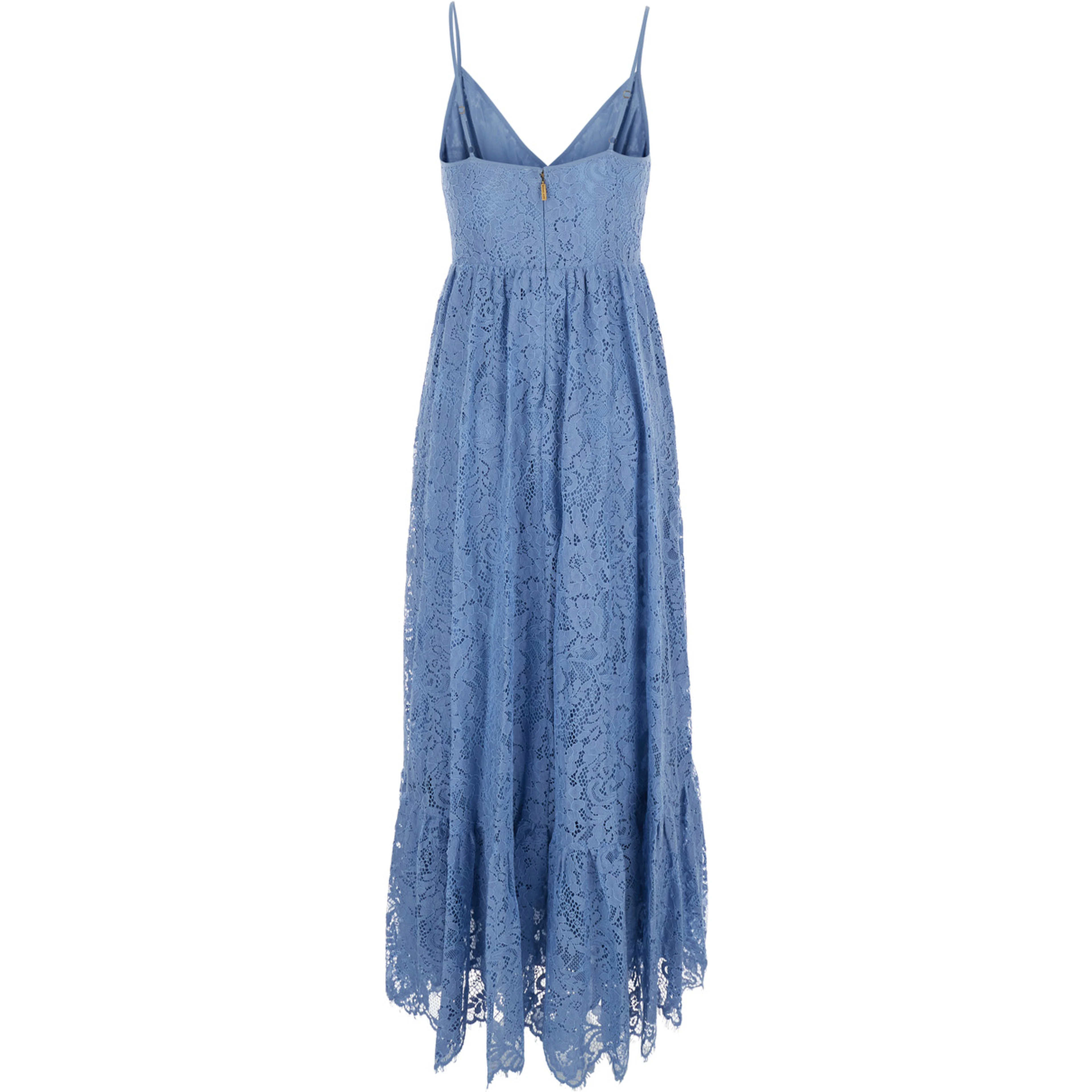 light blue Long dress with V-neck and lace design in cotton blend woman