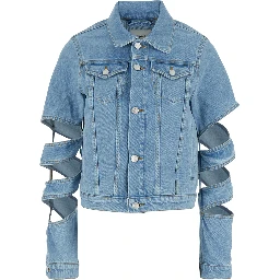 Light Blue Jacket with Classic Collar and Spiral Cut-Out Sleeves in Denim Woman