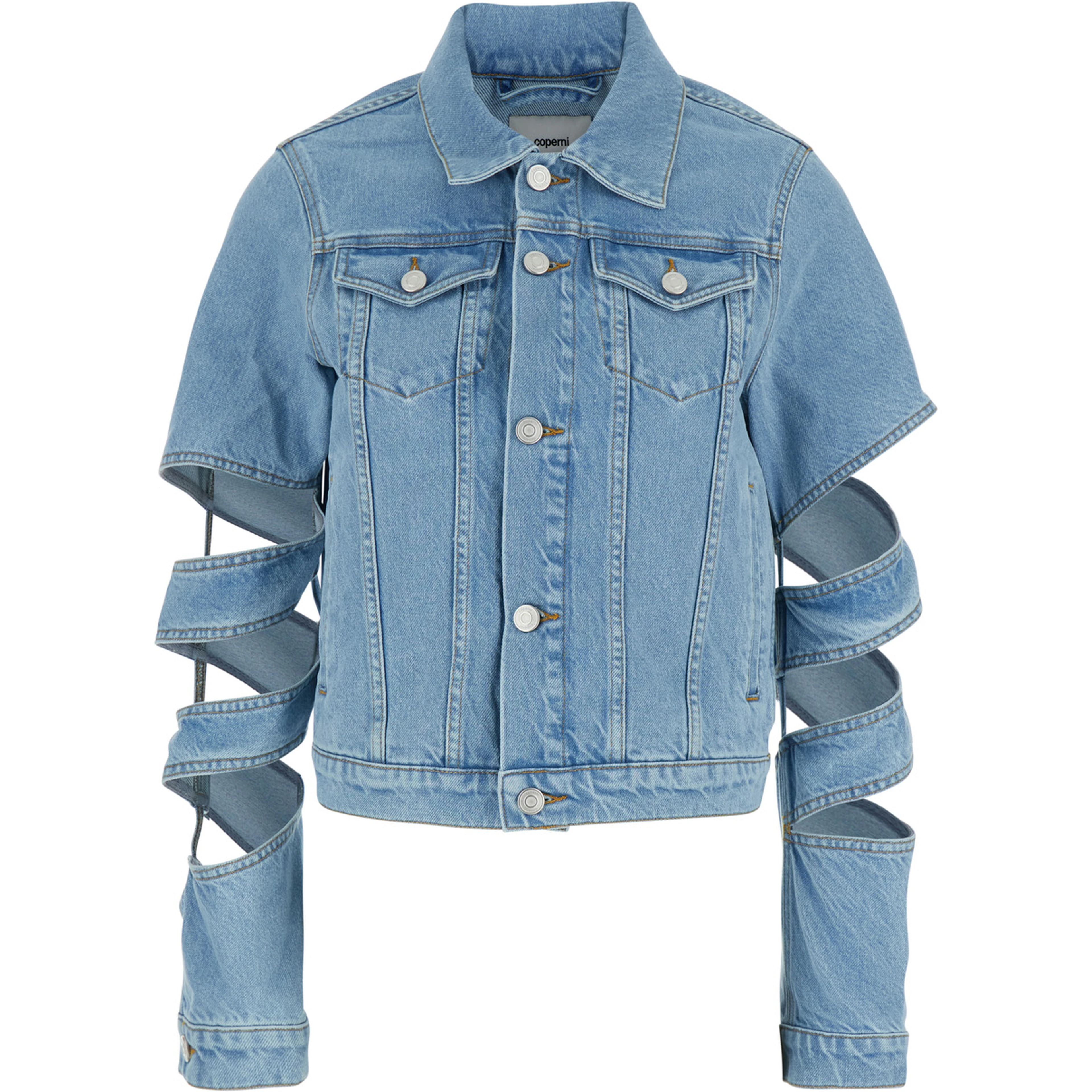 Light Blue Jacket with Classic Collar and Spiral Cut-Out Sleeves in Denim Woman