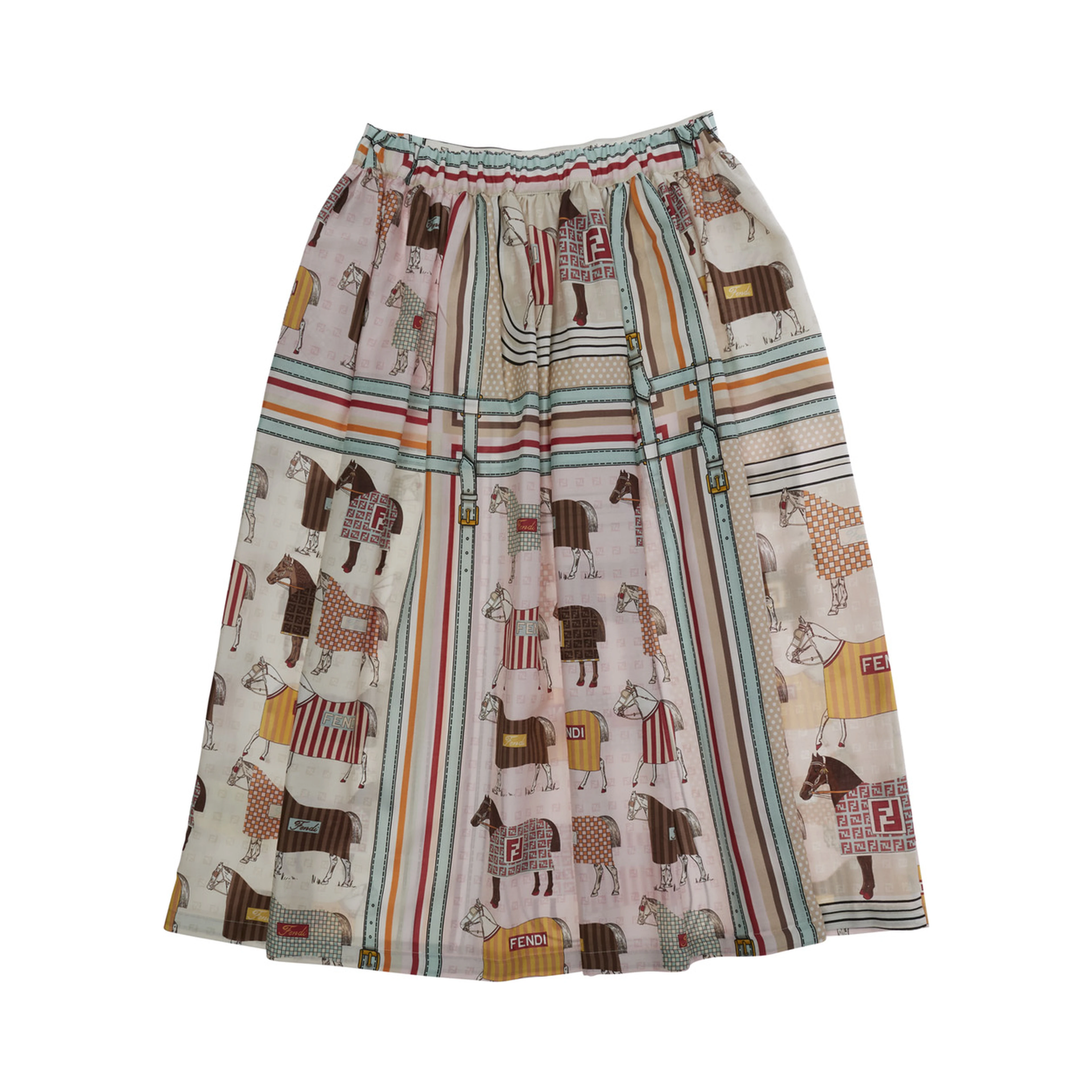 Skirt with All-Over Horse Print and Logo Lettering Details in Multicolor Cotton and Silk Blend for Girls