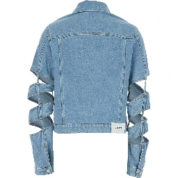 Light Blue Jacket with Classic Collar and Spiral Cut-Out Sleeves in Denim Woman