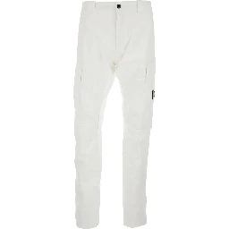 White Cargo Pants with Logo Plate on the Side and Two Cargo Pockets on the Front in Stretch Cotton for Men