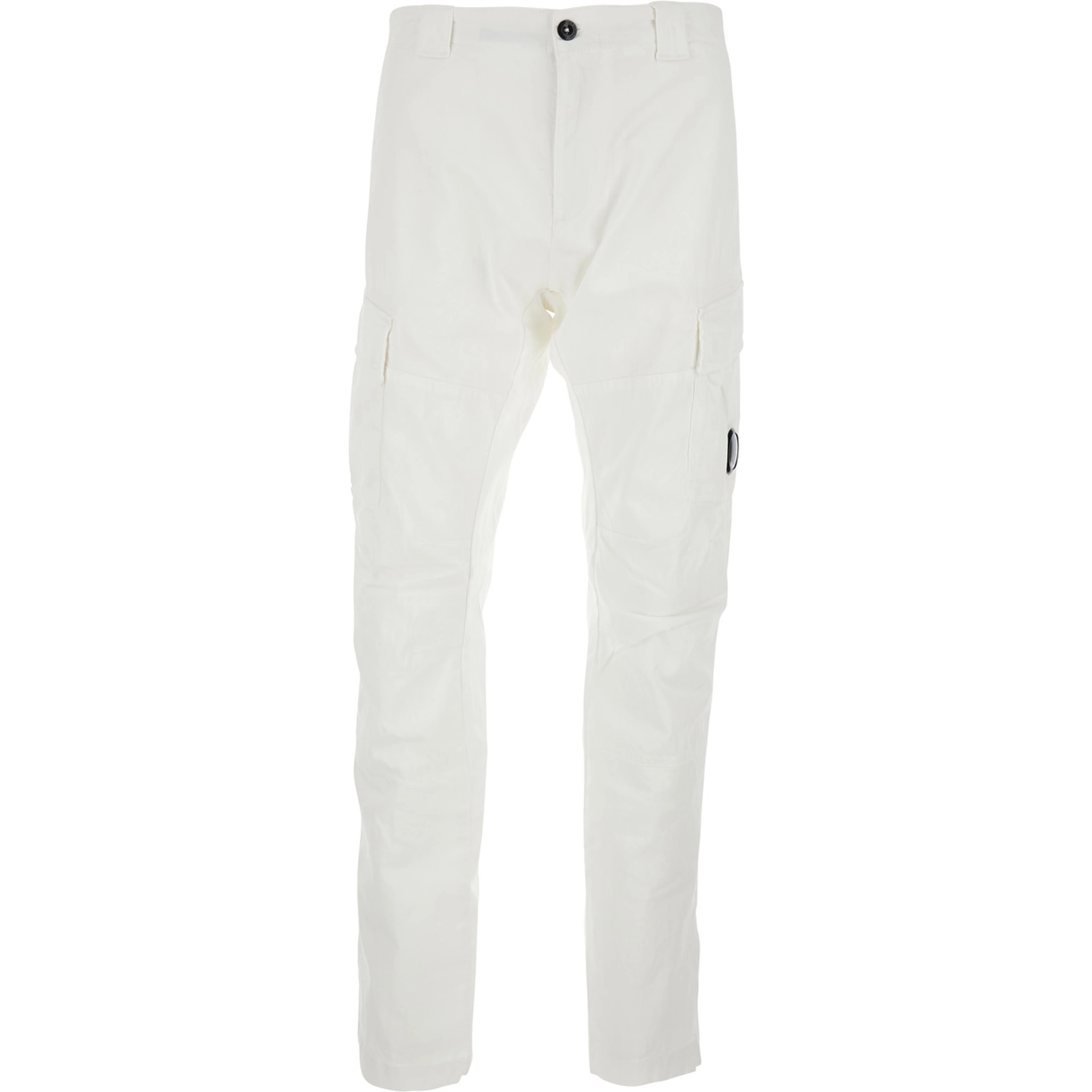 White Cargo Pants with Logo Plate on the Side and Two Cargo Pockets on the Front in Stretch Cotton for Men