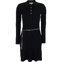 Black Flared Dress with Polo Collar and Chain on the Front in Viscose Blend Women
