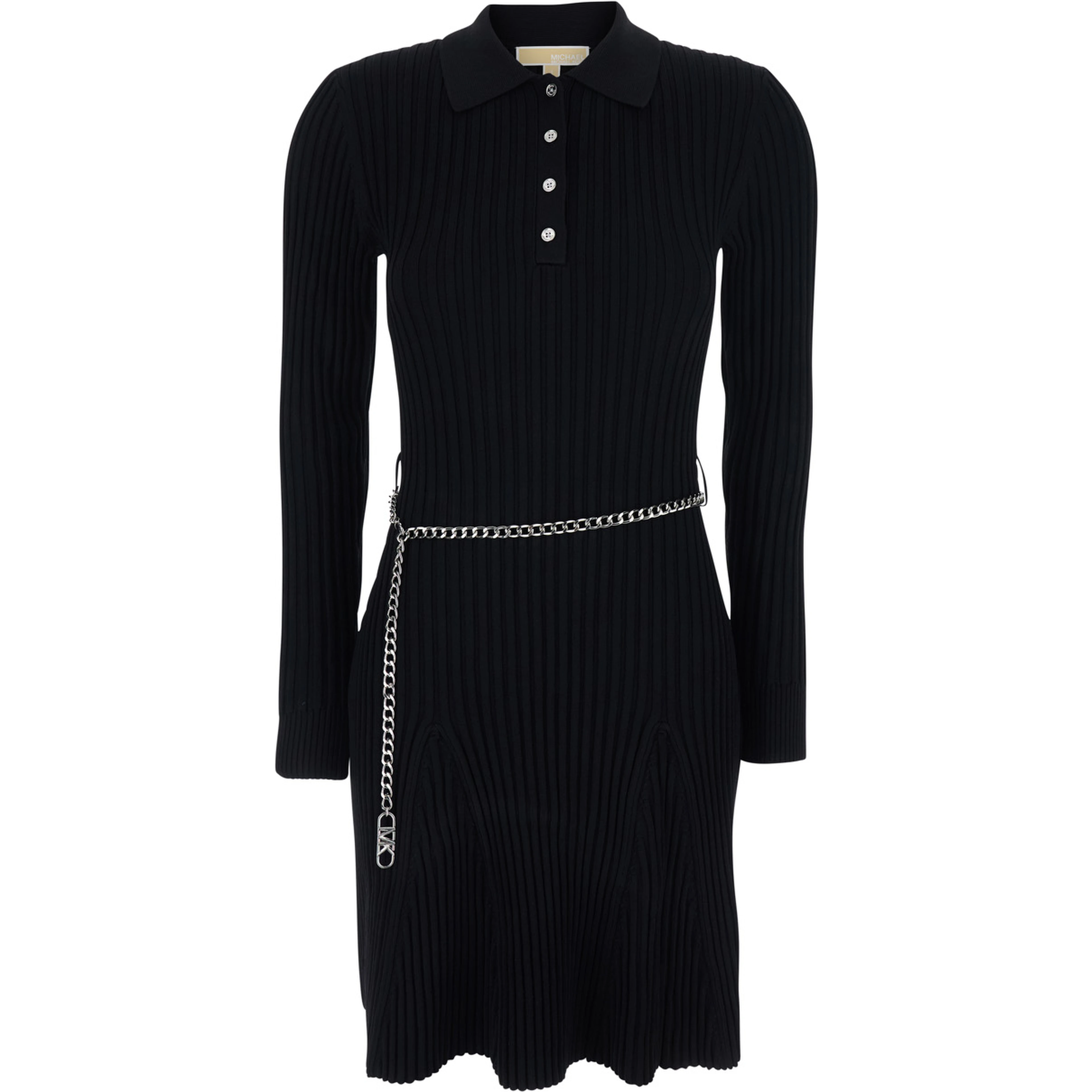 Black Flared Dress with Polo Collar and Chain on the Front in Viscose Blend Women