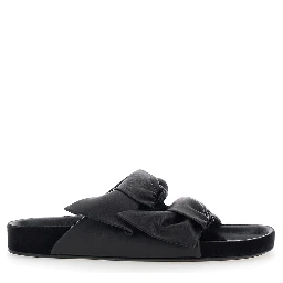 Lennyo Black Slip-On Sandals with Bow Details in Leather WOman