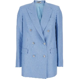 Double-breasted Jasmine Jacket with Peak Revers and Jewel Buttons in Blue Wool Blend for Women