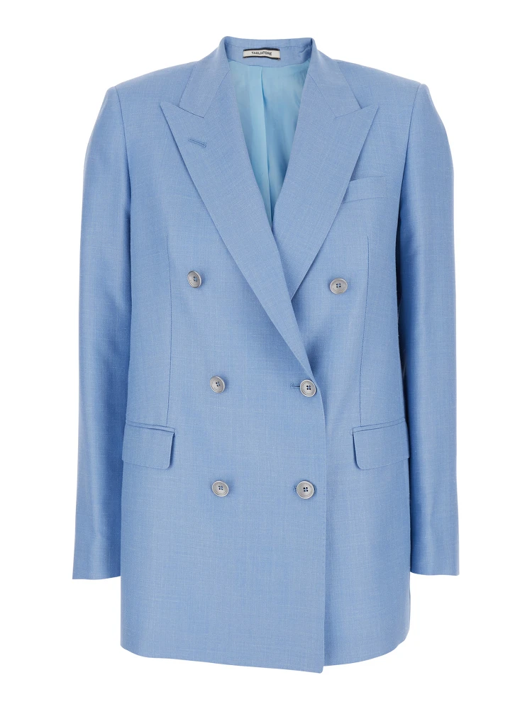 Double-breasted Jasmine Jacket with Peak Revers and Jewel Buttons in Blue Wool Blend for Women