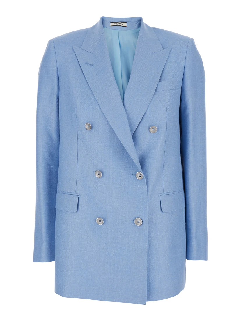 Double-breasted Jasmine Jacket with Peak Revers and Jewel Buttons in Blue Wool Blend for Women