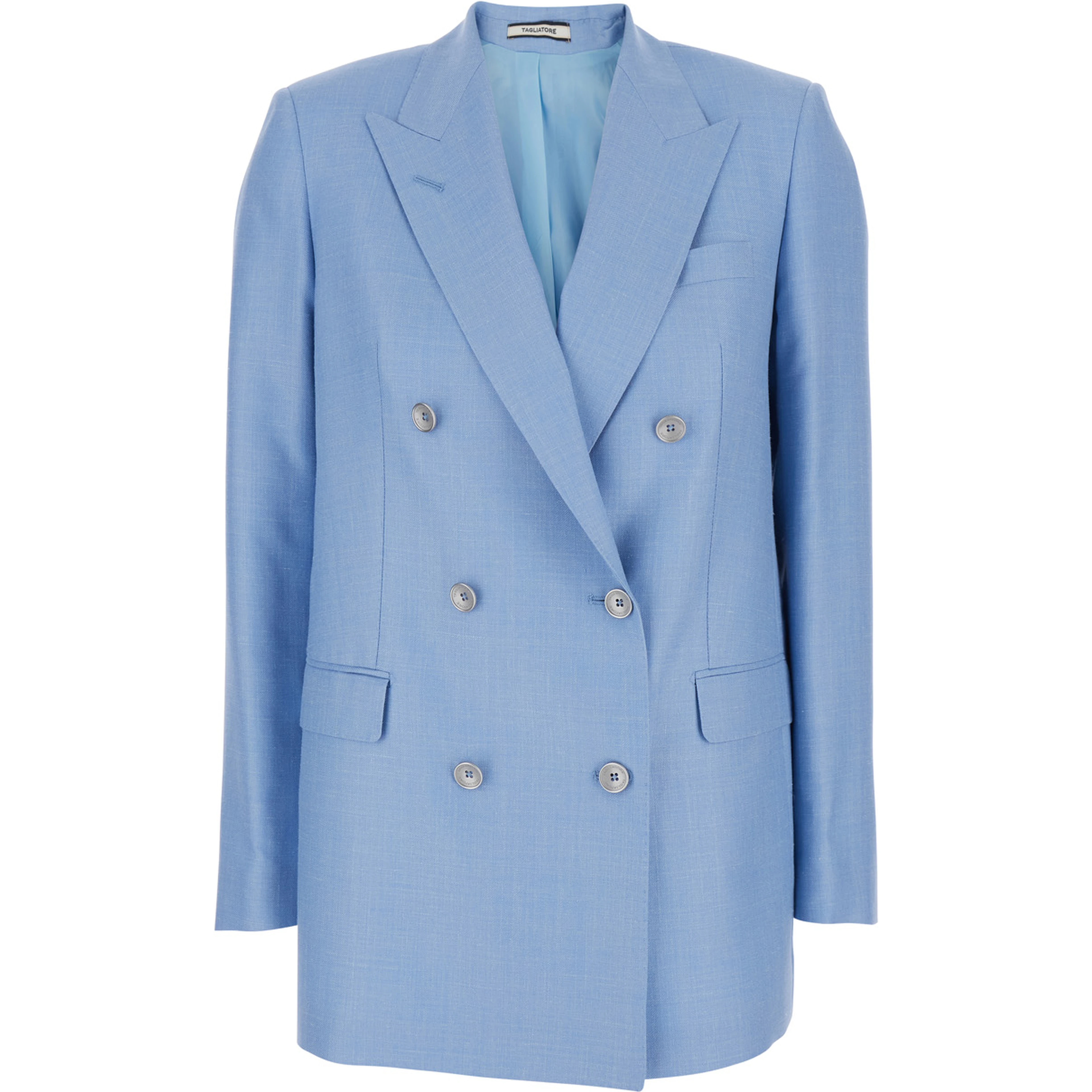 Double-breasted Jasmine Jacket with Peak Revers and Jewel Buttons in Blue Wool Blend for Women