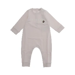Crew Neck Romper with Logo Lettering and Logo Patch on the Front in Baby Pink Stretch Cotton