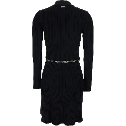 Black Flared Dress with Polo Collar and Chain on the Front in Viscose Blend Women