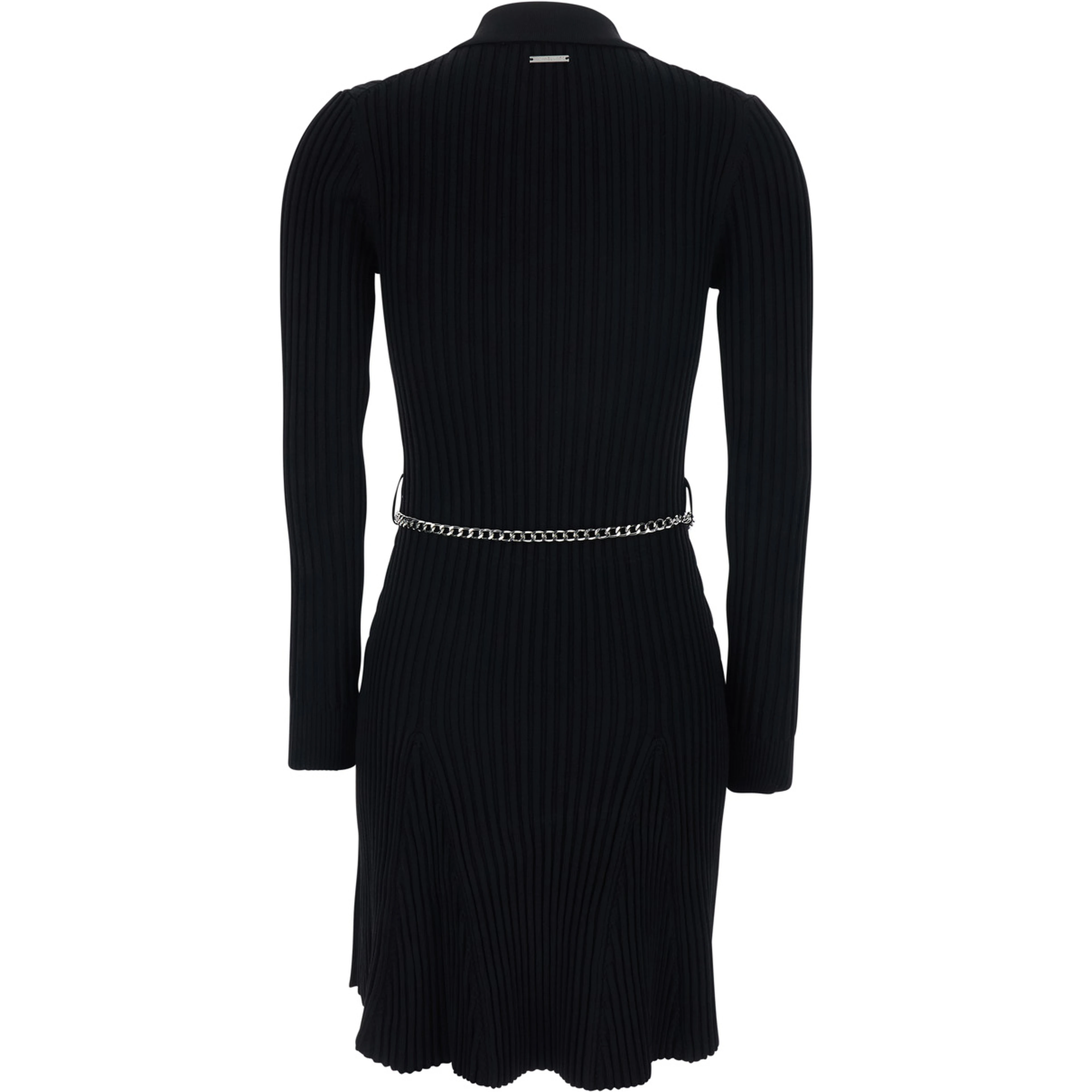 Black Flared Dress with Polo Collar and Chain on the Front in Viscose Blend Women