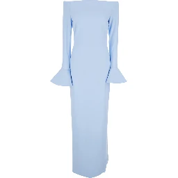 Long Dress Anica with Bell Sleeves and Off Shoulder Design in Blue Stretch Tech Fabric for Women