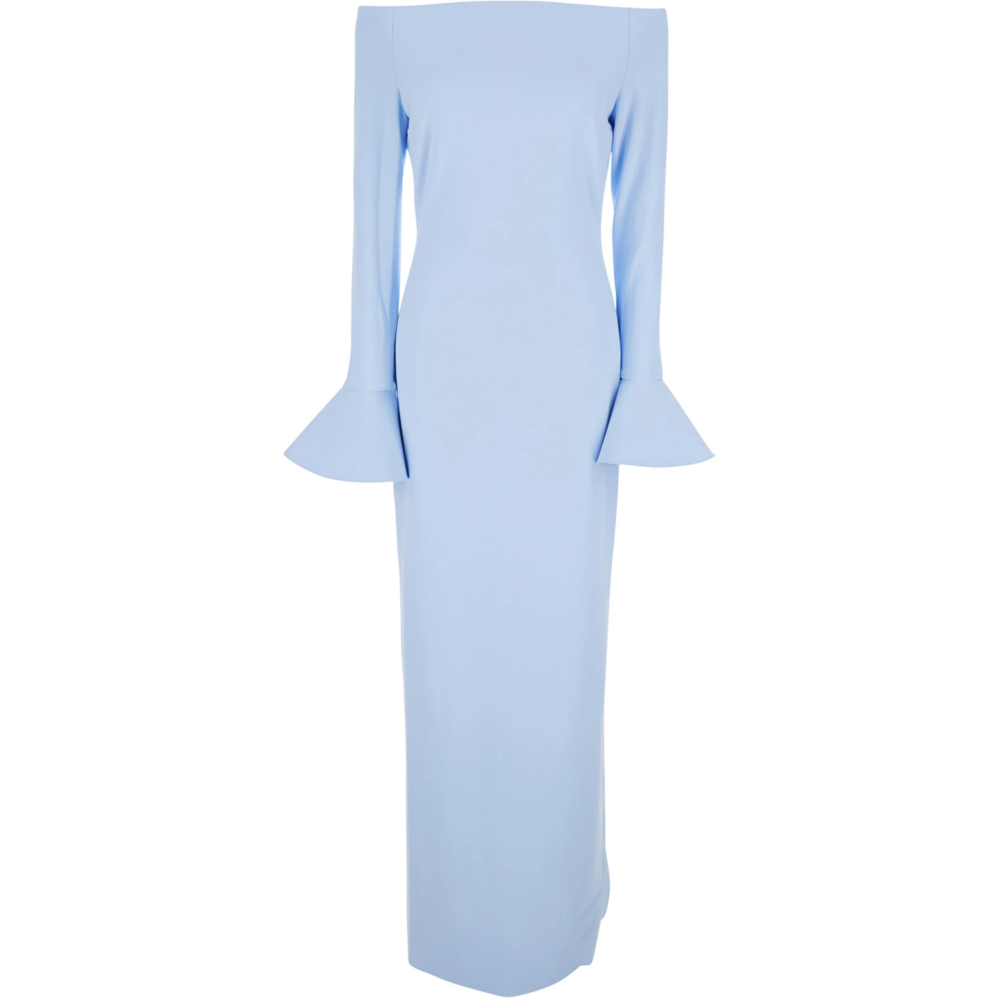 Long Dress Anica with Bell Sleeves and Off Shoulder Design in Blue Stretch Tech Fabric for Women