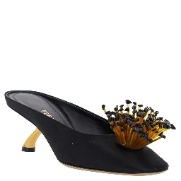 Black Sandals with Low Heel and Crystal Embellishment on the Front in Fabric Woman