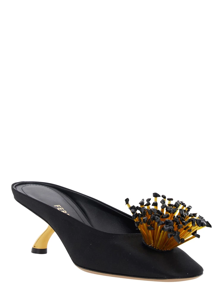Black Sandals with Low Heel and Crystal Embellishment on the Front in Fabric Woman