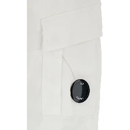 White Cargo Pants with Logo Plate on the Side and Two Cargo Pockets on the Front in Stretch Cotton for Men