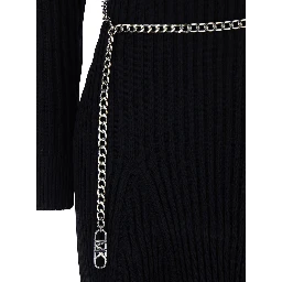 Black Flared Dress with Polo Collar and Chain on the Front in Viscose Blend Women