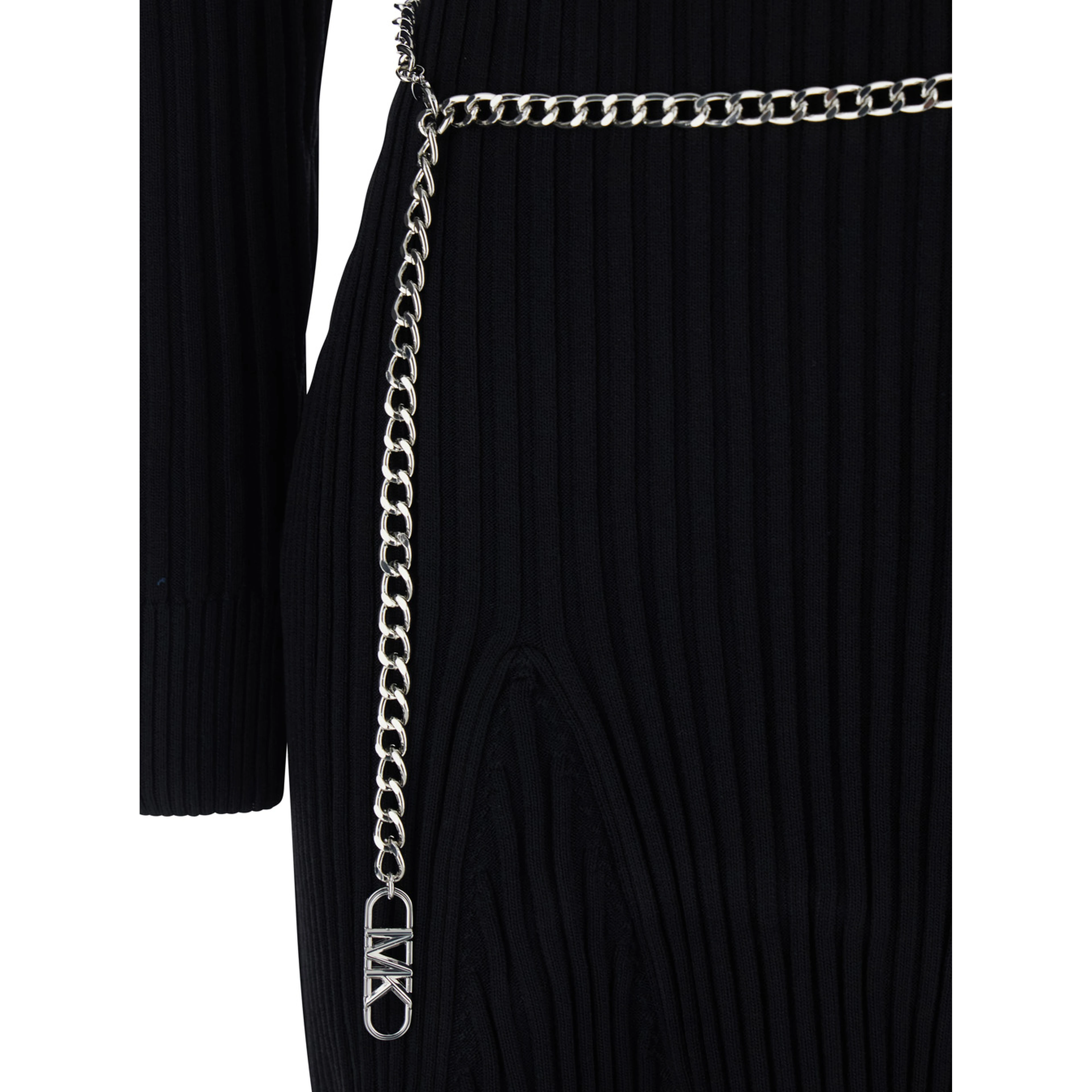 Black Flared Dress with Polo Collar and Chain on the Front in Viscose Blend Women