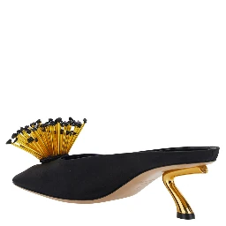 Black Sandals with Low Heel and Crystal Embellishment on the Front in Fabric Woman