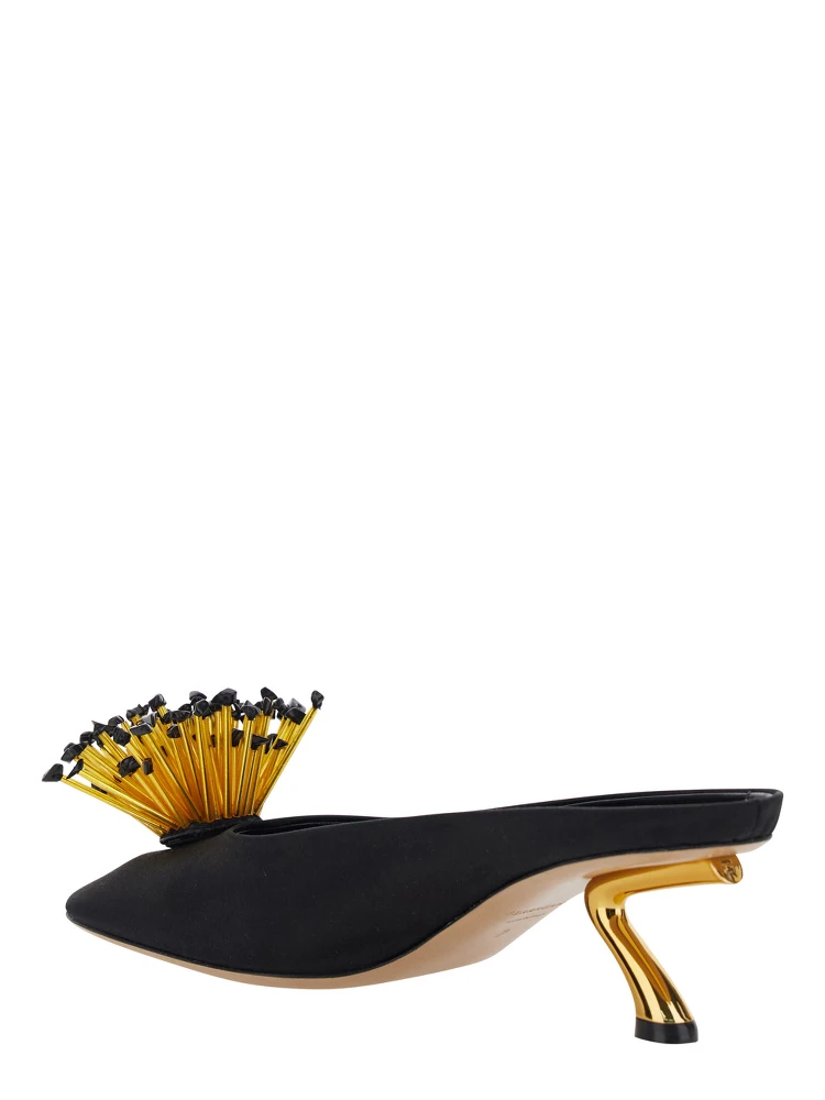 Black Sandals with Low Heel and Crystal Embellishment on the Front in Fabric Woman alternative