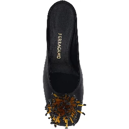 Black Sandals with Low Heel and Crystal Embellishment on the Front in Fabric Woman