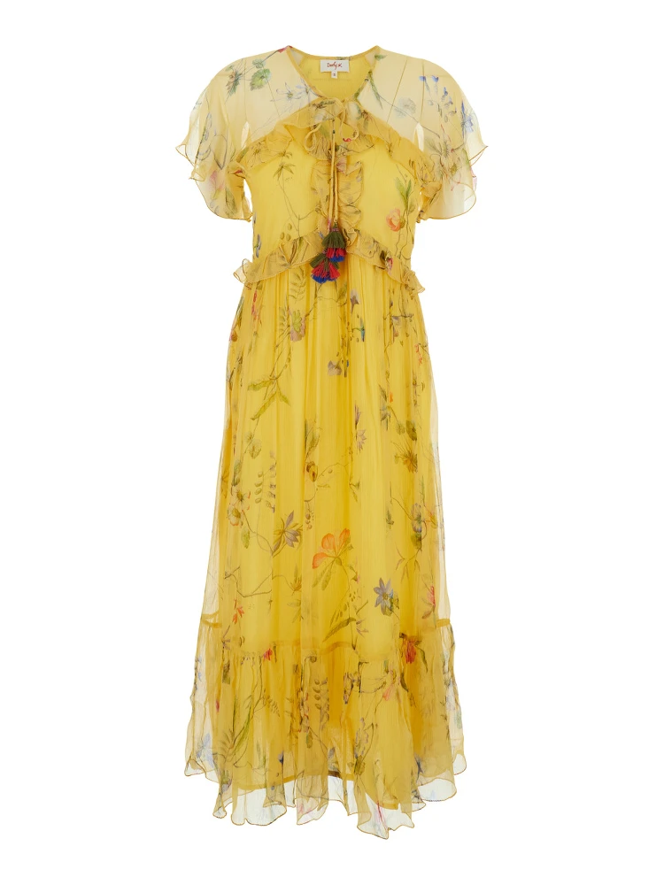Madrugada Yellow Long Dress with All-Over Floral Motif and Fringes on the Front in Viscose for Women