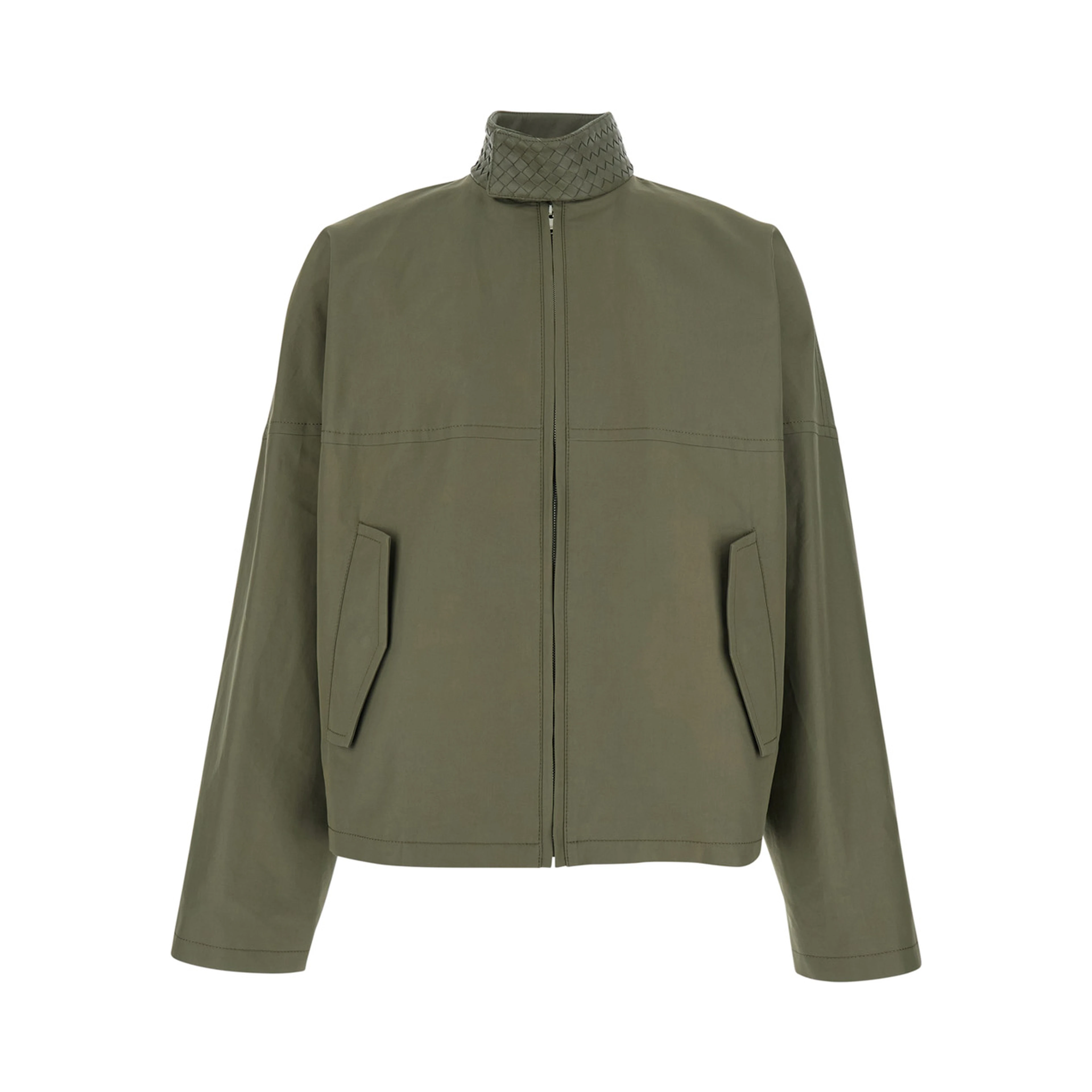 Green Bomber Jacket with Intreccio Motif on the Collar in Cotton for Men