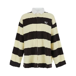 Brown Long Sleeve Polo Shirt with Logo Embroidery on the Front and All-Over Stripes in Cotton for Men