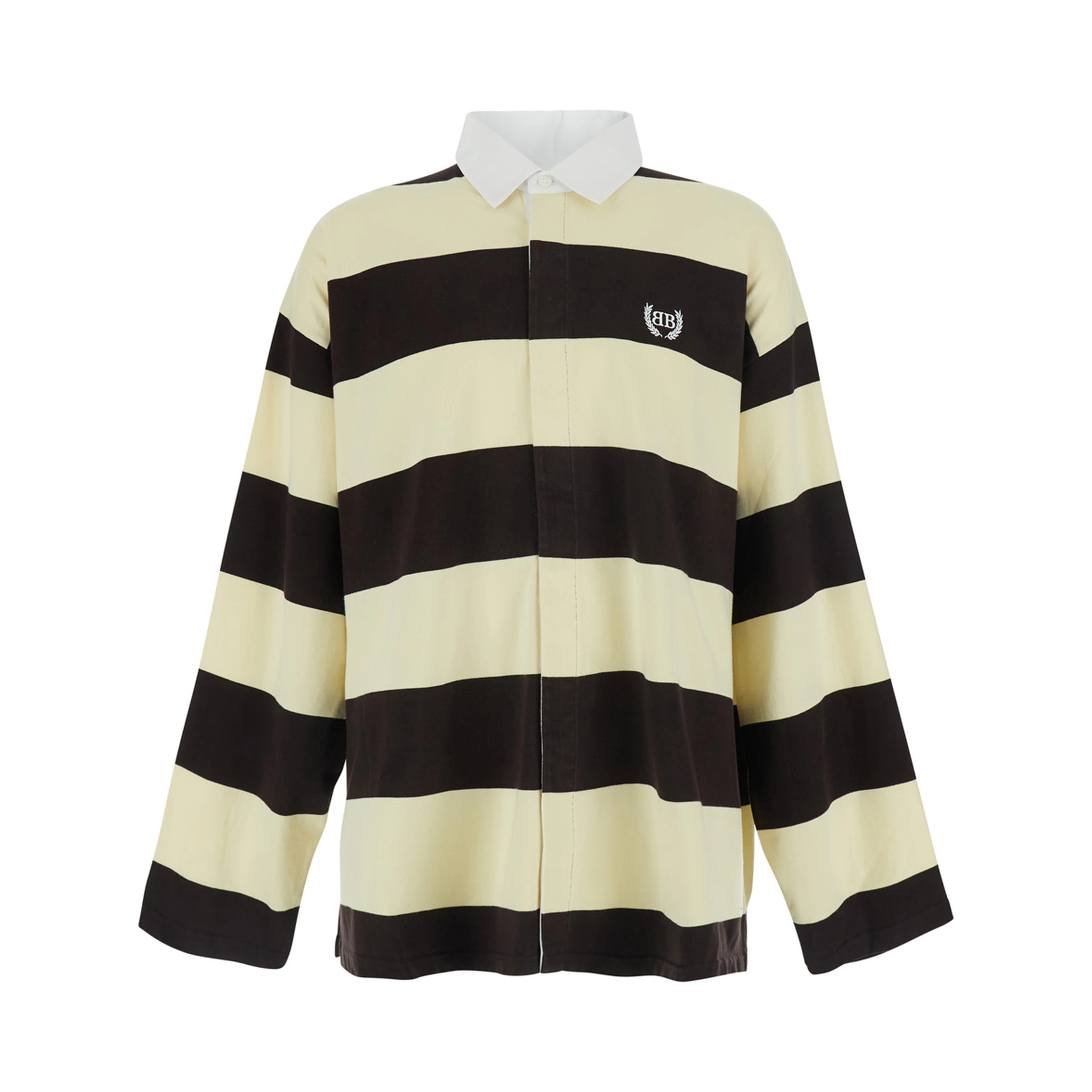 Brown Long Sleeve Polo Shirt with Logo Embroidery on the Front and All-Over Stripes in Cotton for Men