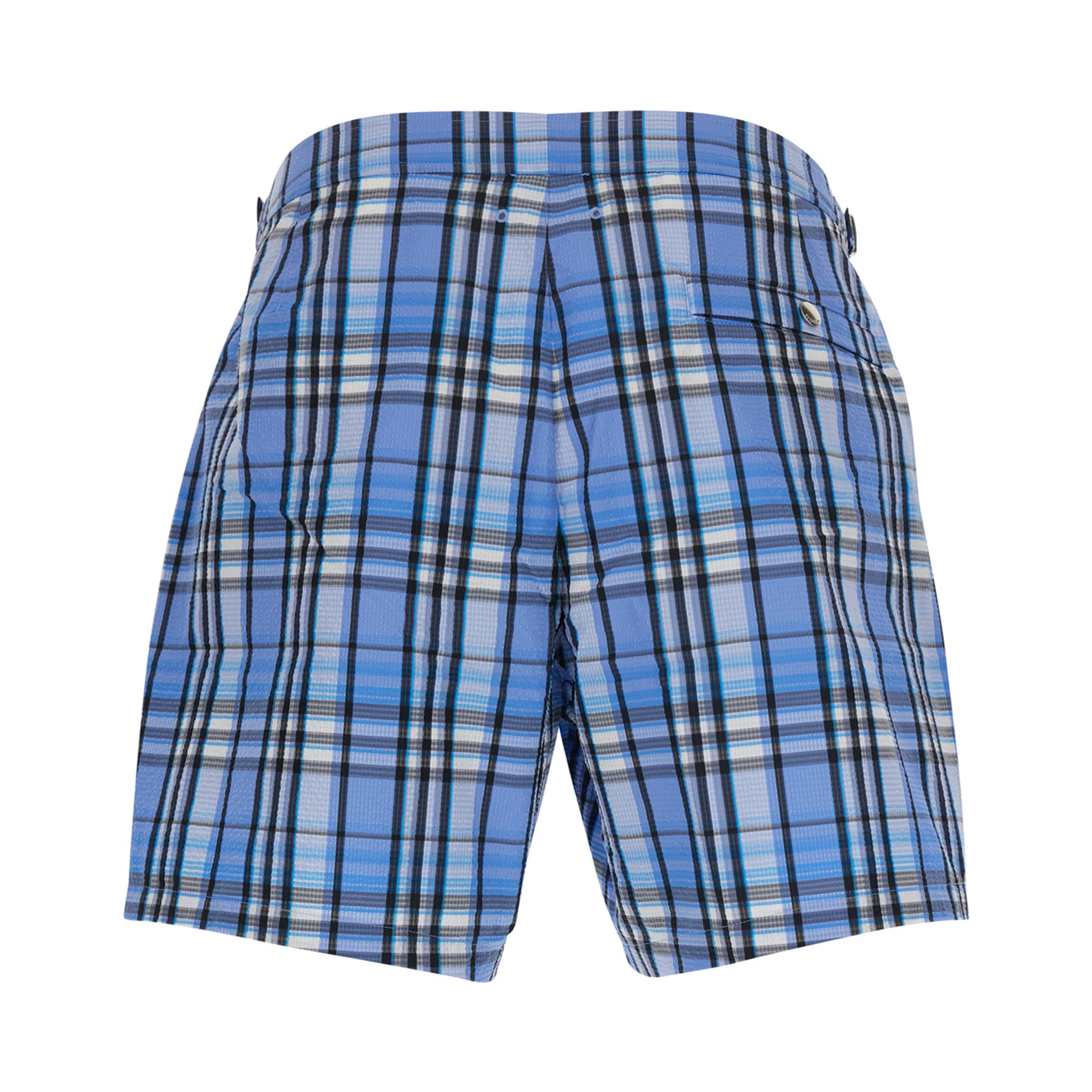 light blue Swim shorts with striped motif and logo on the front in tech fabric for men