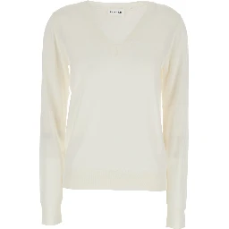 Long Sleeve V-Neck Sweater in White Wool and Silk Blend for Women
